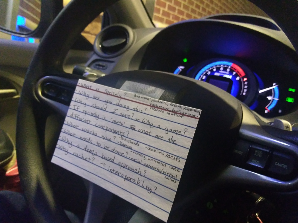 Steering wheel with episode outline taped to it
